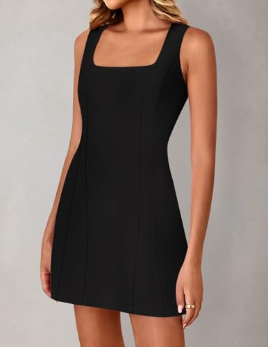 ZESICA Women's 2025 Summer Sleeveless Tank Mini Dresses Square Neck A Line Flare Party Short Dress3