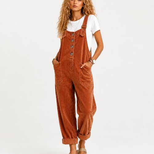Womens Corduroy Jumpsuits Fall Winter Romper Button Front Wide Leg Overalls | Corduroy Pants With Pockets,Adjustable Strap,Baggy,Sleeveless,Fall Winter Clothes,Y2K - image 6