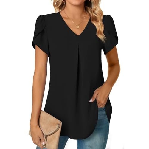 KEY OF VÉNUS Women's Summer Dressy Chiffon Blouses Short Sleeve V Neck Tunic Tops for Leggings Casual T-Shirts Medium Black