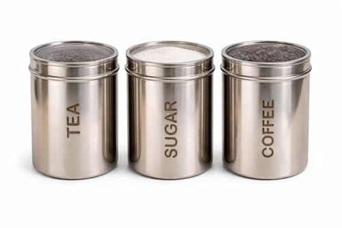 STEEPLE Stainless Steel Tea Sugar Coffee Container Set (1000 ml) | Steel container set with Transparent Lid |Kitchen Canister Set for Tea Sugar Coffee | Tea & Coffee Container for Kitchen Storage