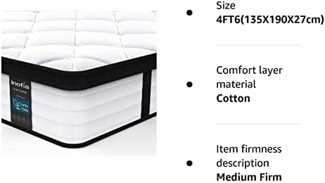 Inofia Double Mattress 4FT6 Latex Memory Foam Mattress with Pocket Sprung,27cm LATEXCH Bi-density Technology for Maintaining Superior Ventilation (135 x 190cm)