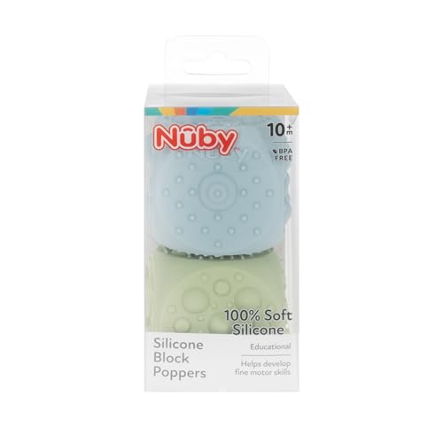 Image of Nuby Silicone Block Poppers - (2-Pack) Interactive Baby Block Toy for Babies 10+ Months - Blue and Green
