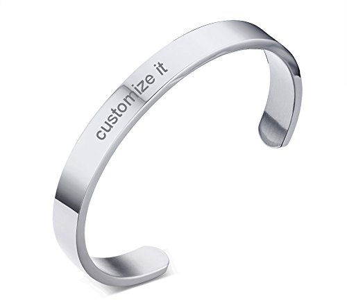 Free Engraving-Unisex Stainless Steel Personalized Custom Plain Polished Cuff Bangle Bracelet,59mm Silver