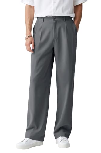 Heyfanee Mens Casual Dress Pants Relaxed Fit Stretch Waist Chinos for Men Loose Trousers Dark Grey 36