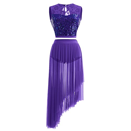 Lyrical Dance Costume For Women Adult Modern Contemporary Dancewear Dress Sequin Lace Floral Sleeveless Crop Top Asymmetrical Flowy Mesh Tulle Skirt 2Pcs Ballet Leotard Outfit Ballroom Purple Xl #TOP1
