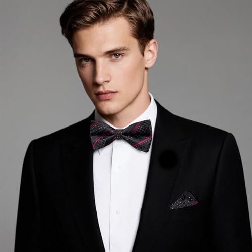 Image of Hi-Tie Bow Ties for Men Pre-Tied Pocket Square with Cufflinks Mens Bowtie Sets for Wedding Formal Party