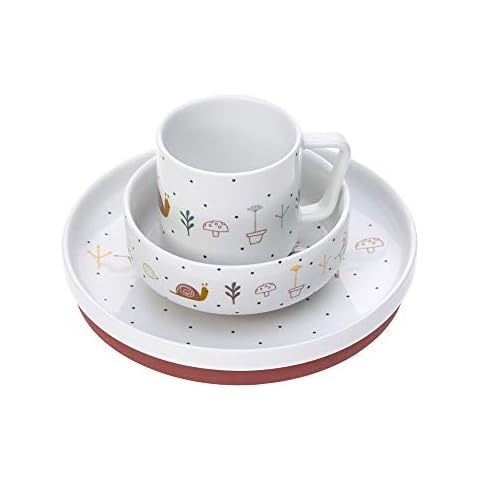 LÄSSIG Geschirrset Porzellan Kindergeschirrset Teller Schüssel Tasse mit Silikonring rutschfest Kindergeschirr/ Garden Explorer girls Cover