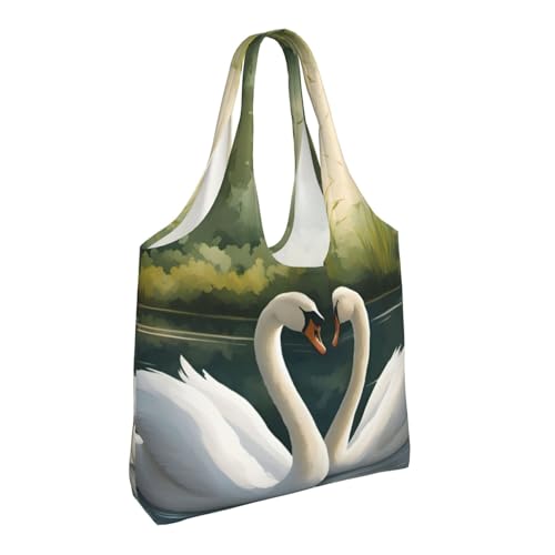 Beautiful White Swans on The Lake Print Stylish and Spacious Single Shoulder Commuting Canvas Tote Bag for Work Travel2