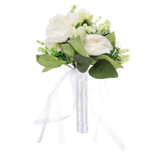 HEANUJJ Ramo de Novia de Rosas Artificiales Hecho a Mano Cintas de Seda y Lazo Elegante para Decoración de Bodas y Obsequio Especial