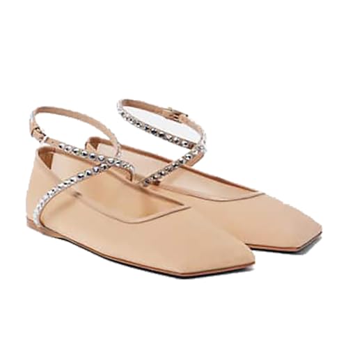 Women's Ballet Flats Ankle Strap Ballerina Flats Rhinestone Lace Up Square Toe Gliter Loafers Dressy Casual Flats for Wedding Party