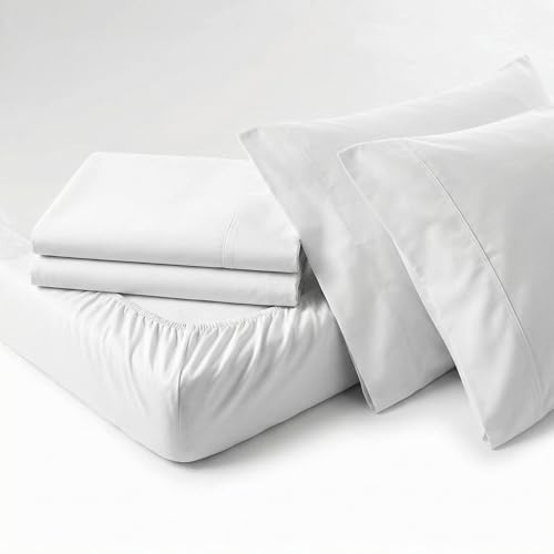 Peru Pima 285 Thread Count Percale Queen Sheet Set - 100% Peruvian Pima Cotton, 4 Piece (Flat, Fitted, 2 Pillowcases) - Cooling, Crisp, Deep Pocket, Hotel Quality Bedding - White