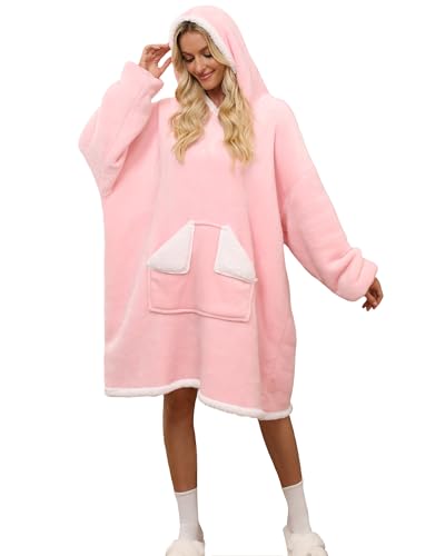 Glamnest Oversized Hoodie Blanket， Sherpa Wearable Blankets with Pocket & Sleeves, Soft Fleece Wearable Hooded Sweatshirt for Women Girls One Size Pink