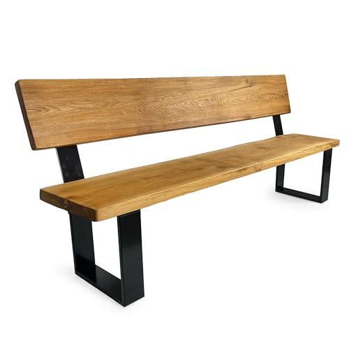 H. Pawlik GmbH Sitzbank Woodhood, aus Massivholz Eiche und einem stabilen Stahlgestell, Holzbank mit Rückenlehne, geölt für Innen und Außen (200 cm breit)