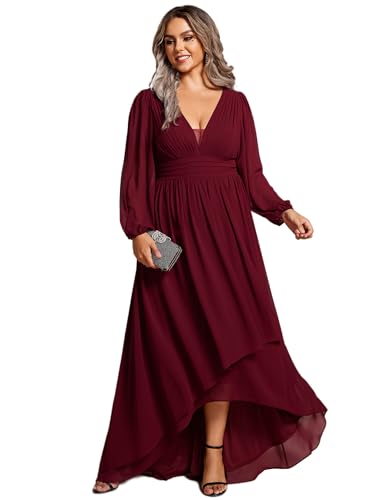 Ever-Pretty Plus Women's Gorgeous Plus Size V Neck Lantern Sleeves Pleated A Line High Low Wedding Guest Dresses Burgundy US18