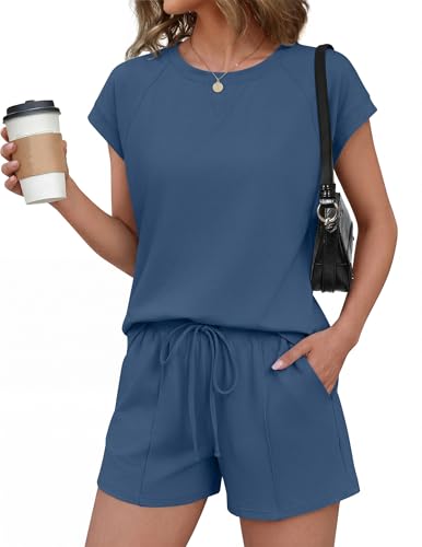 Ekouaer Cotton Two Piece Sets for Women Summer Short Set Crew Neck Matching Sets Cap Sleeve Vacation Outfits With Pocket - image 1