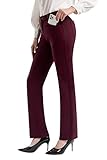PUWEER Work Pants for Women, Stretch Dress Pants with Pockets, Straight Leg Slacks for Women to Business Work Casual, Burgundy,Medium Long