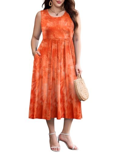Image of LARACE Women's Plus Size Sleeveless Maxi Dress Casual Crew Neck Pleated Flowy Long Dresses with Pockets L-6XL