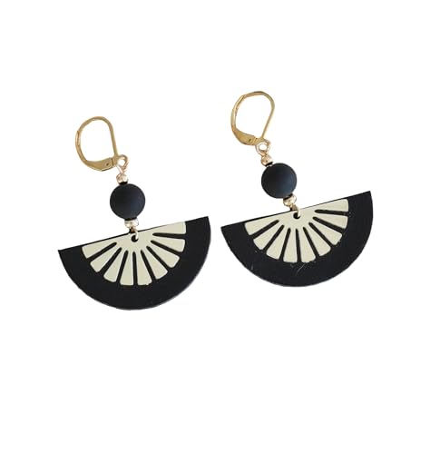 Boucles d'oreilles demi-lune en cuir noir et dore chic pour femme