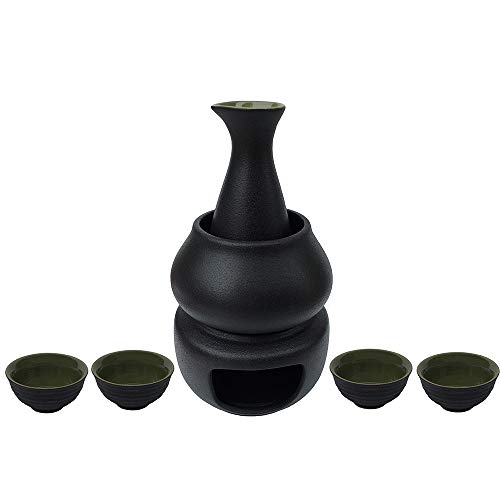 Sake Set with Warmer, KBNI Traditional Pottery Hot Saki Set 7-Piece including 1pc Candle Stove, 1pc Warming Mug, 1pc Sake Pot and 4pcs Sake Cups (Black&Green)