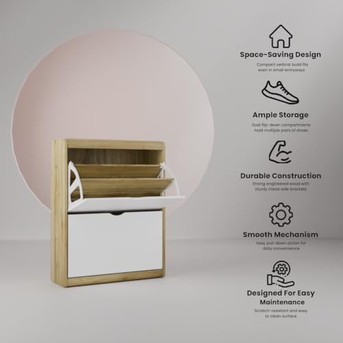 Image of beAAtho Zento Shoe Cabinet with Tilt-Out Drawers | Modern Wooden Shoe Organizer for Home & Office | Durable & Elegant | DIY | (Wotan Oak- Biege)