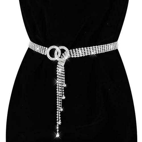 JIEYAO Rhinestone Waist Belt for Women, Adjustable Silver Waist Chain Belt Crystal Bling Belt Diamond O-Ring Waistband