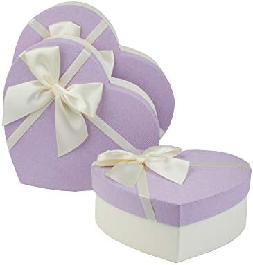 Emartbuy Set of 3 Rigid Heart Shaped Presentation Gift Box, Burgundy Box with Cream Striped Lid, Chocolate Brown Interior and Satin Bow Ribbon