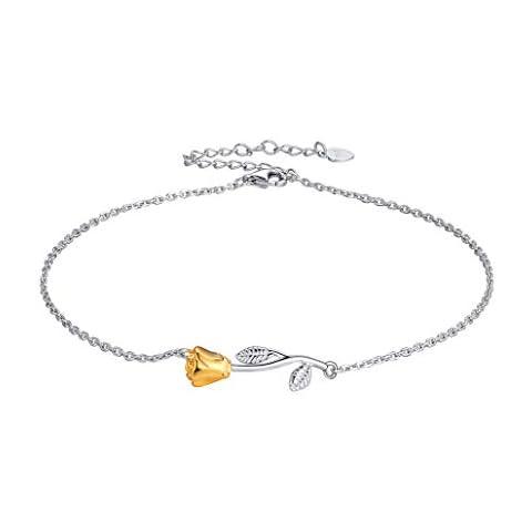 Tobillera Plata Mujer con Rosa de Oro Ajustable Cover