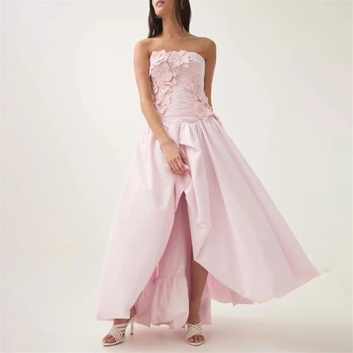 Women Solid Sweet Slimming Long Strapless Sleeveless Backless Spliced Appliques Irregular Dress2