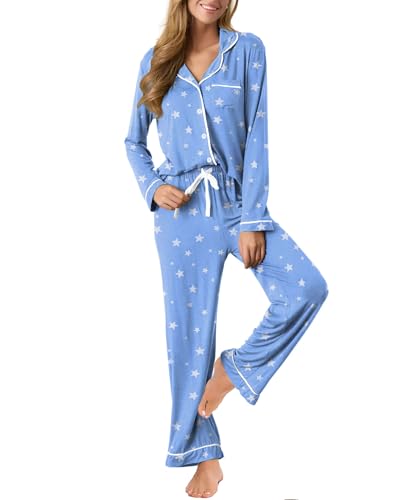 Image of Women's Pajama Sets Long Sleeve Sleepwear Button Up Shirt With Pajama Pants Soft Pjs Lounge Sets