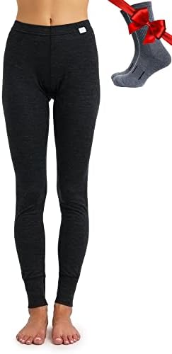 Merino Wool Base Layer Womens Leggings 100% Merino Thermal Underwear Pants for Women Lightweight, Midweight, Heavyweight + Wool Socks