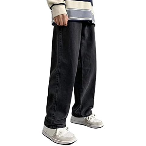 shownicer Jeanshosen Herren Hose mit Weitem Bein Patchwork Jeans Casual Relaxed Fit Jeanshose Denim Hosen Baggy Hip Hop Jeans Vintage Y2K Straight Leg Streetwear A Schwarz L Cover