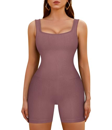 TrainingGirl Women's Yoga Romper Ribbed Athletic Jumpsuits Seamless One Piece Bodysuit Square Neck Tank Tops Exercise Unitard