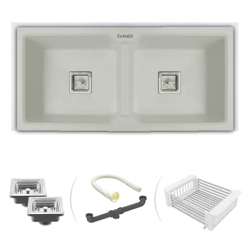 Image of EVANEX Quartz Kitchen Sink|Double Bowl Sink for Kitchen|Topmount /Undermount Kitchen Sinks|Choco-White Double Sink with Connector, Waste Pipe, Coupling and Drain Basket|45x20x9 Granite Kitchen Sinks
