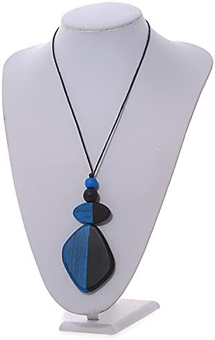 Avalaya Blue/Black Geometric Wood Pendant Black Waxed Cotton Cord - 80cm L Max/ 13cm, black, blue - Image 4