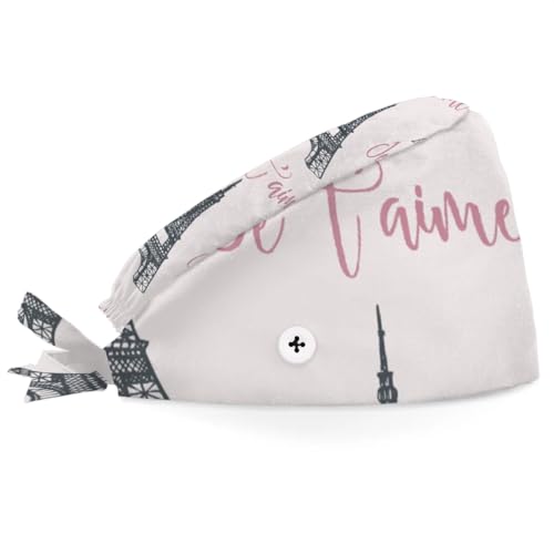 Mularoka Paris Tower Working Caps with Button Sweatband Comfortable Adjustable Bouffant Hats Work Hat for Women Men