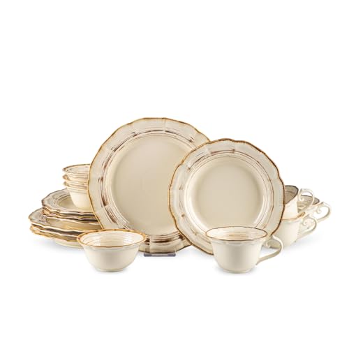 FANGJING Roman Series 16-Piece Ceramic Dinnerware Set (Service for 4) - Vintage Distressed Finish, Microwave & Dishwasher Safe, Non-Slip Plates Bowls Mugs, Cream Yellow Porcelain Kitchen Set by FANGJING - Used condition - US$80.99