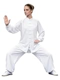 Agoky Herren Damen Kung Fu Tai Chi Anzug Locker Langarm Hemden Shirts und Freizeithose Trainingshose Zweiteiler Bekleidungsset Uniformen Weiß XL