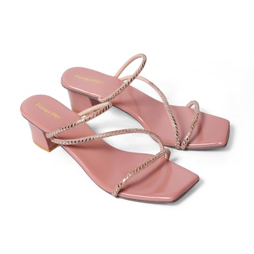 Image of Women's Lavender Block Heel Sandals with Rose Gold Glitter Straps, Ankle Strap Style, 2.5 Inch Heel, UK Size 3-8