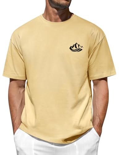 Xnova Mens Tshirts with Mountains Pattern Printed, Short Sleeve T-Shirt Original Tee Crew Neck Versatile Soft Basics Casual Tops for Man (Khaki, L)