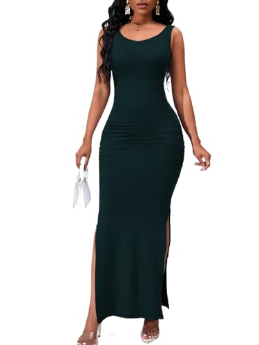 Image of Women's Casual Summer Sleeveless Tank Bodycon Long Dress Square Neck Split Beach Party Vacation Maxi Dress