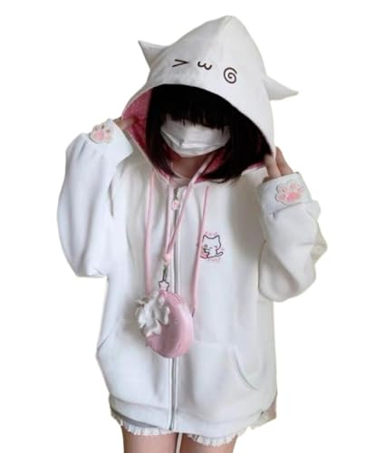 Pokn Y2K Jojifuku Cutecore Kawaii Hoodie Clothes Women Long Sleeves Tops Graphic Cutecore Shoujo Clothes (Medium,White-2)