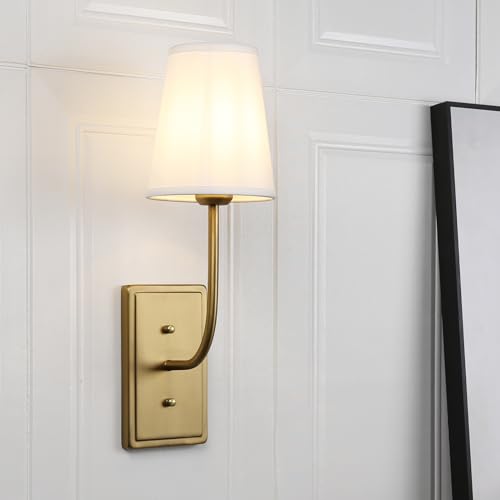 Image of Vintage Brass Wall Sconce 1-Light, White Fabric Shade Wall Lamp Hardwired Indoor Wall Light for Bedroom Living Room Vanity Bathroom
