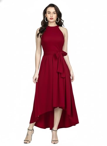 Image of Women Fit & Flare High Low Midi Dress | Sleeveless Round Neck One Piece Dress with Waist Tie Detail | Flowy Western Dress for Party and Casual Styling