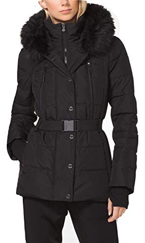 Michael Michael Kors Women's Logo Belted Hood Faux Fur Trim Puffer Coat Short Jacket Lightweight Black Small