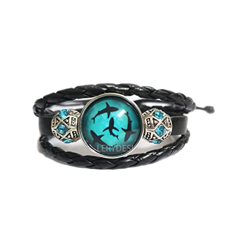 LERYDESI Ocean Sharks bracelet Circling Sharks Jewelry Blue Shiny beads Black Dark brown Leather for Women Man (7 inches Black)
