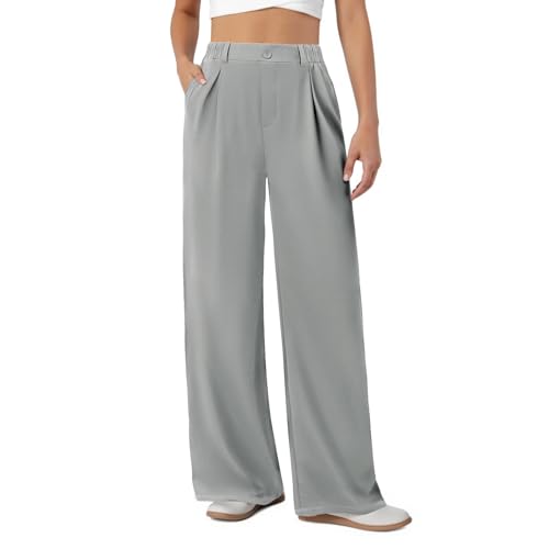 COPYLEAF Womens Dress Pants Wide Leg Stretchy Work Pants with Pockets Elastic Waist Pleated Front Business Casual Slacks(Light Grey M)