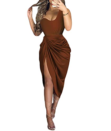 Image of xxxiticat Women's Ruched Midi Dress Sleeveless Spaghetti Straps One Shoulder Asymmetric High Split Slip Party Dress