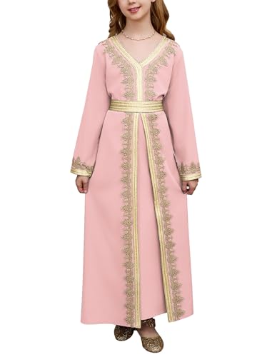 Muslim Dress for Kids Girls Abaya Middle East Ramadan Long Sleeve Lace Prayer Dress Arabic Kaftan with Belt