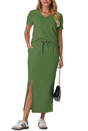 Image of GRECERELLE Women Summer Casual 2 Piece Sets V-Neck Wrinkle-Free Top & Elastic Waist Midi Side Slit Skirt with Pockets