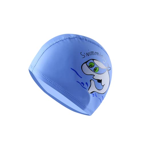 Gorro natación niños, Gorro Piscina para niñas y niños de 6 a 12 años, Dibujos Animados de Delfines, Tela de PU cómoda (Azul) Cover